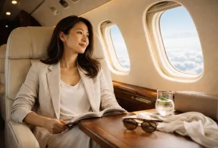 Business executive relaxing in a private jet cabin, reading and gazing out the window on a Hong Kong corporate charter flight