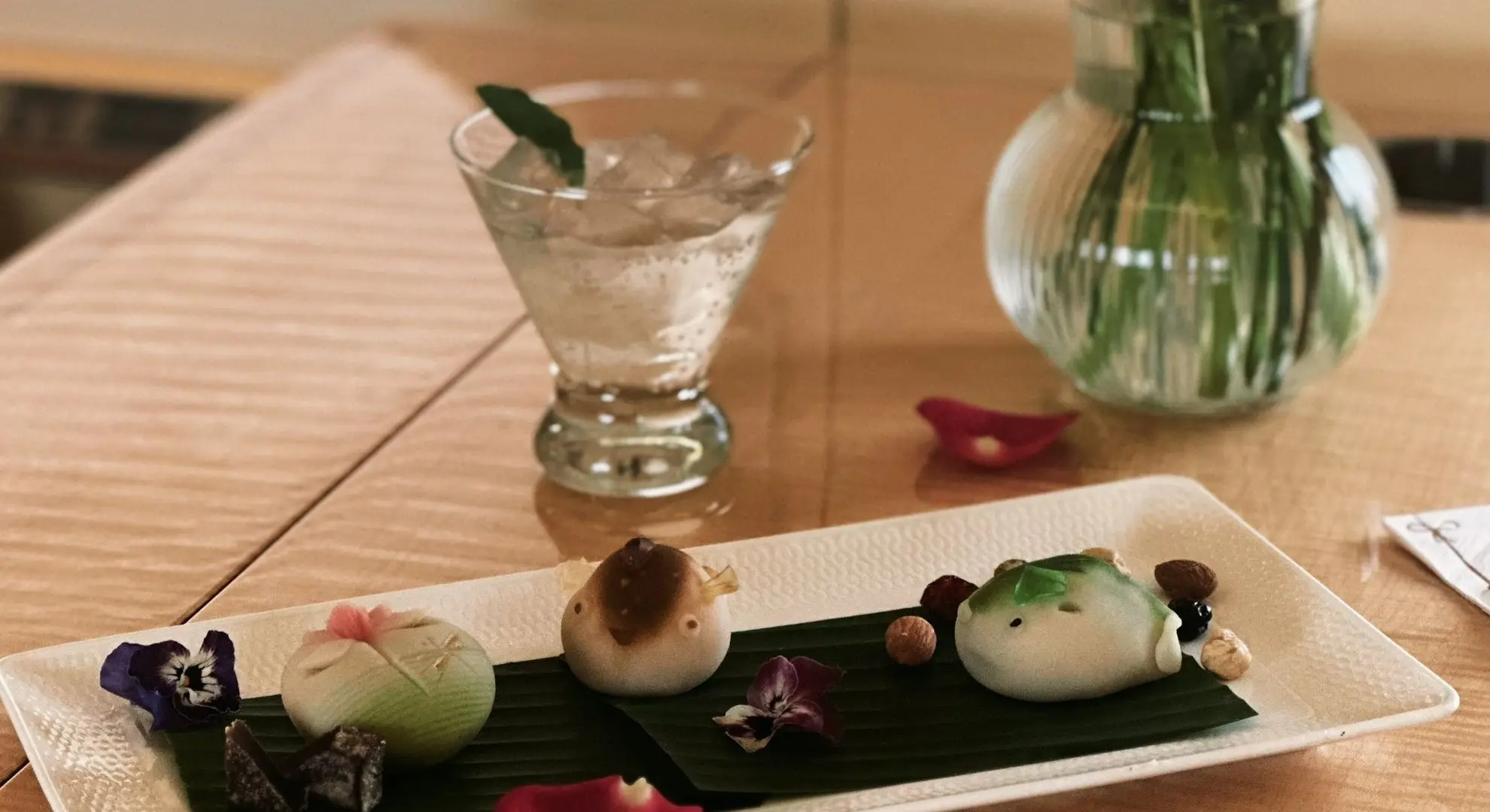 Artisan Japanese wagashi sweets and iced drink, reflecting Hong Kong's dining culture for private jet travelers