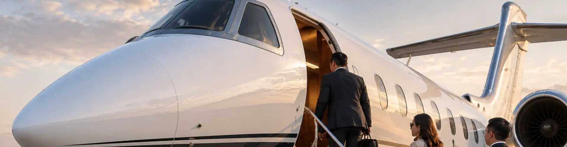 Business executives boarding a private jet on an Indonesian airport tarmac for corporate charter travel across Indonesia