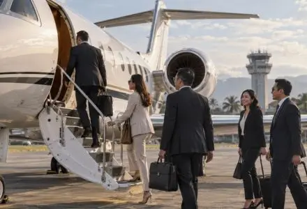 Business executives boarding a private jet on an Indonesian airport tarmac for corporate charter travel across Indonesia