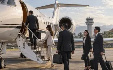 Business executives boarding a private jet on an Indonesian airport tarmac for corporate charter travel across Indonesia