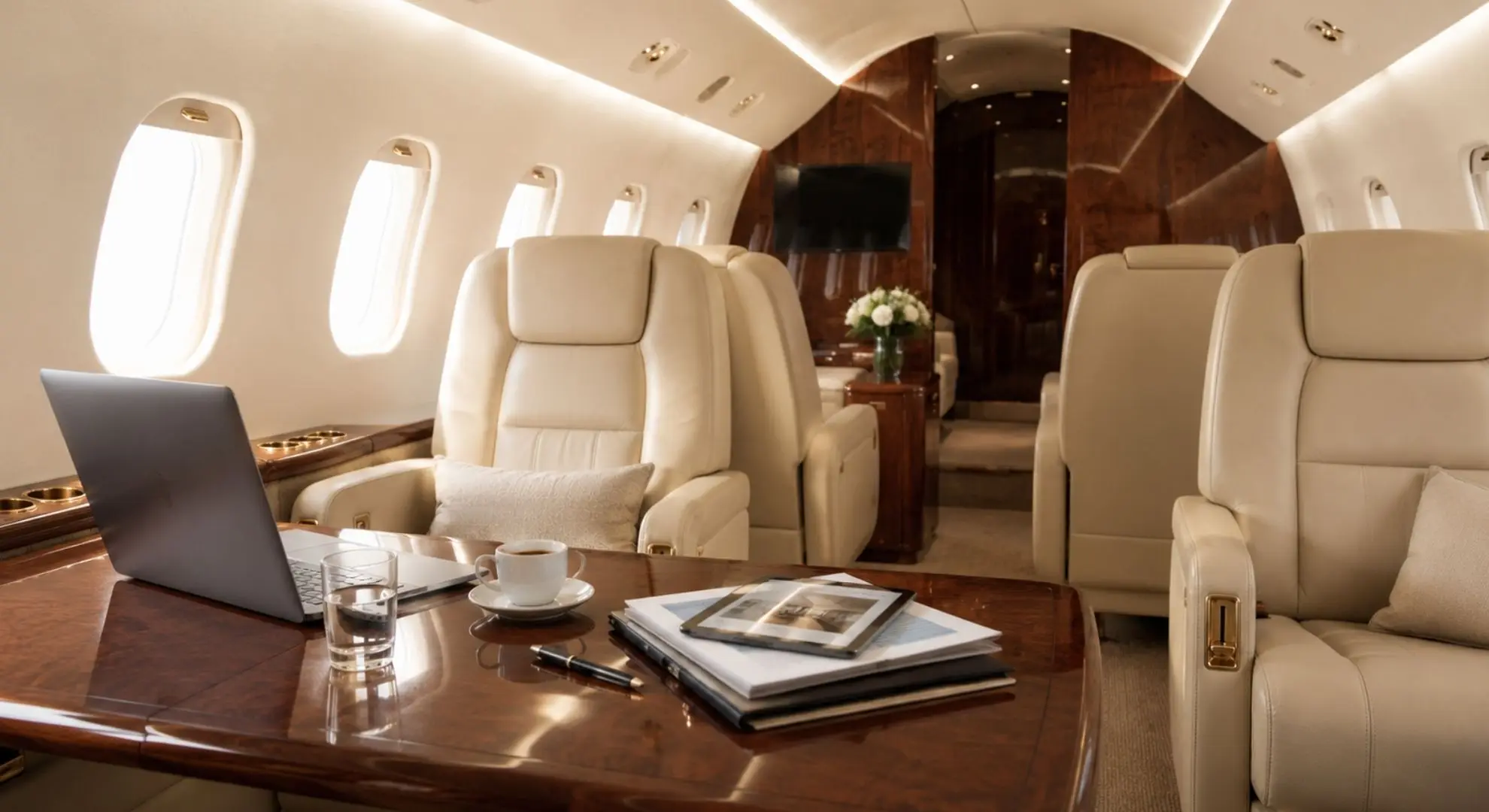 Spacious private jet cabin interior with leather seats, walnut woodwork, and a table set with a laptop, coffee, and documents