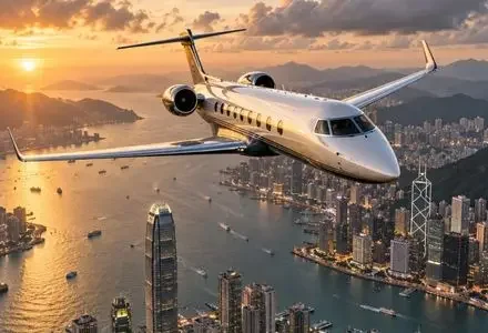 A private jet flying over Hong Kong's Victoria Harbour skyline at golden sunset, ideal for private jet charter flights