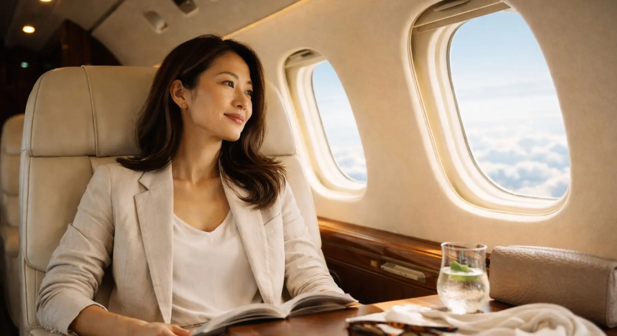 Businesswoman in a cream leather private jet cabin seat, gazing out the window above the clouds