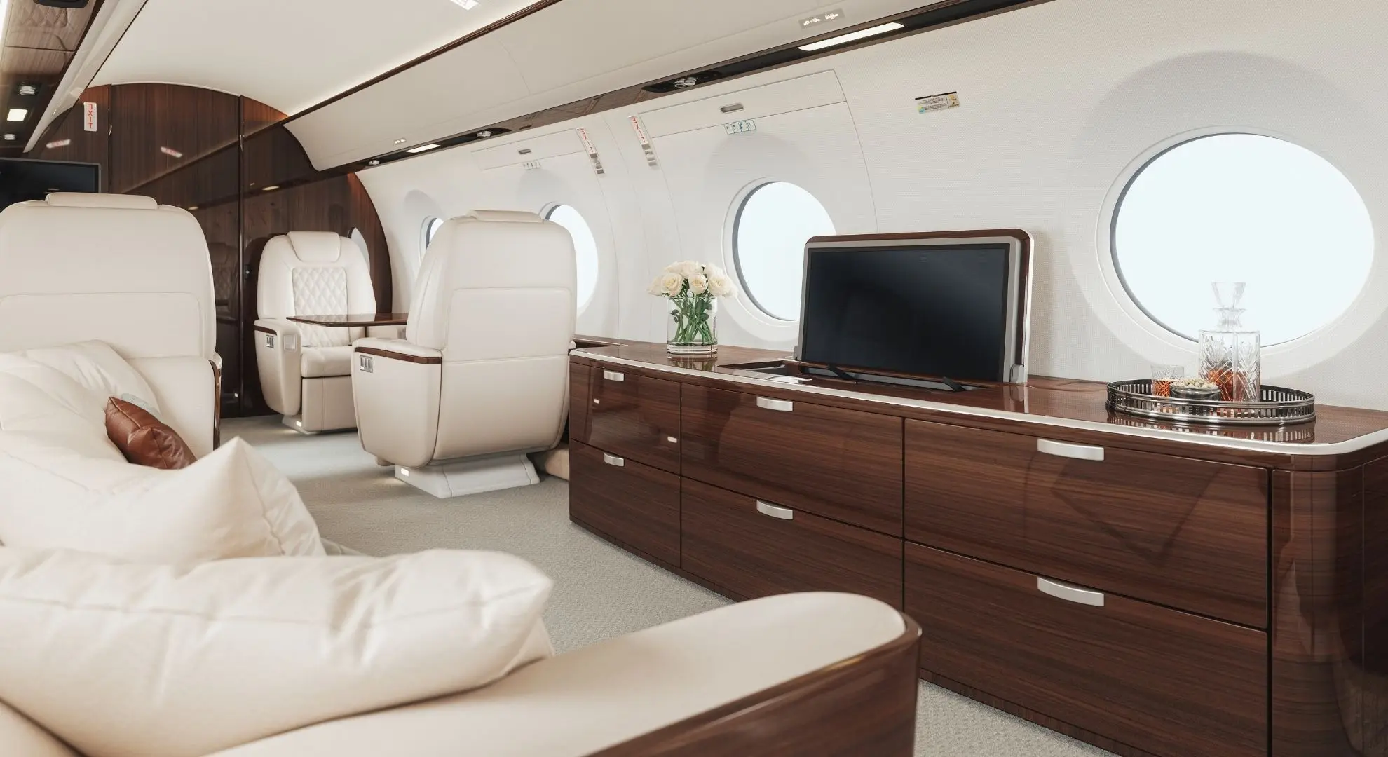 Private jet cabin with leather seating, wood cabinetry, and TV, an alternative to business class in Hong Kong