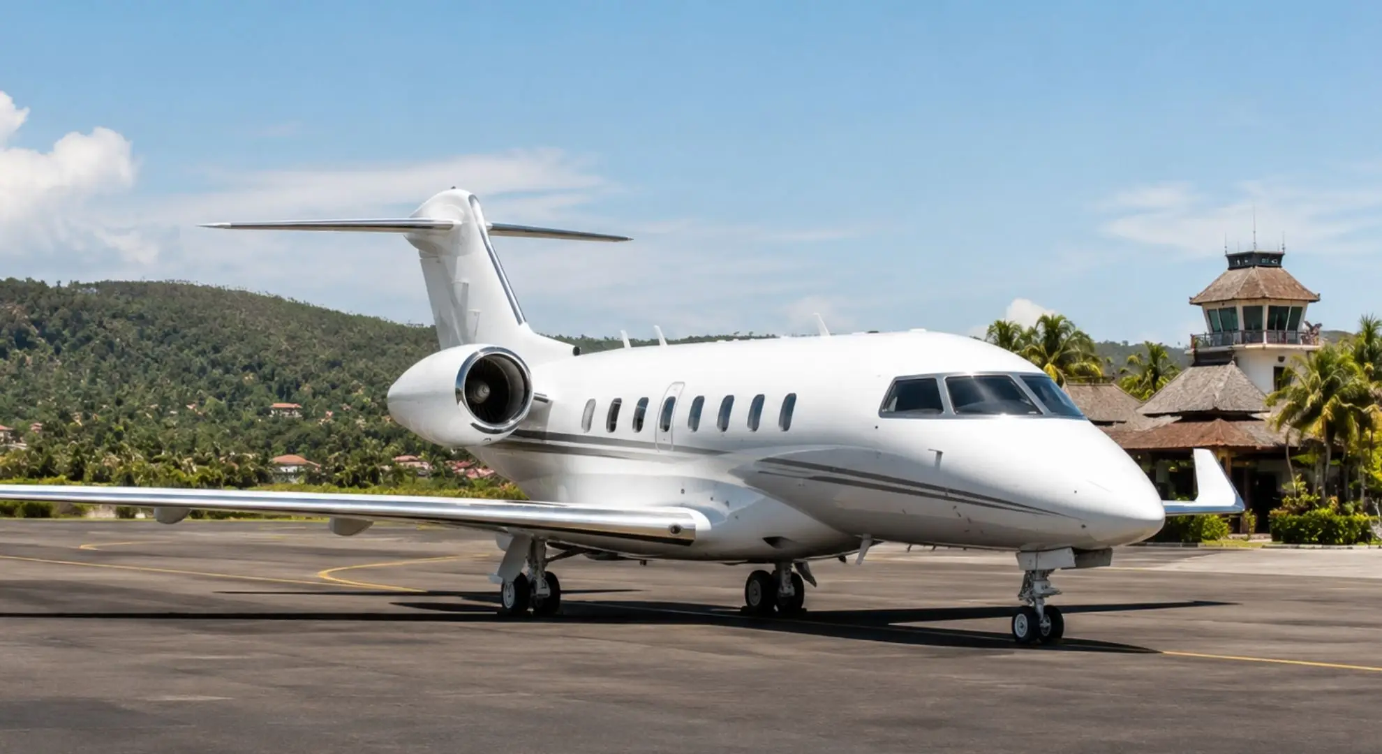 Private jet on the runway in Indonesia for business and inter-island charter travel