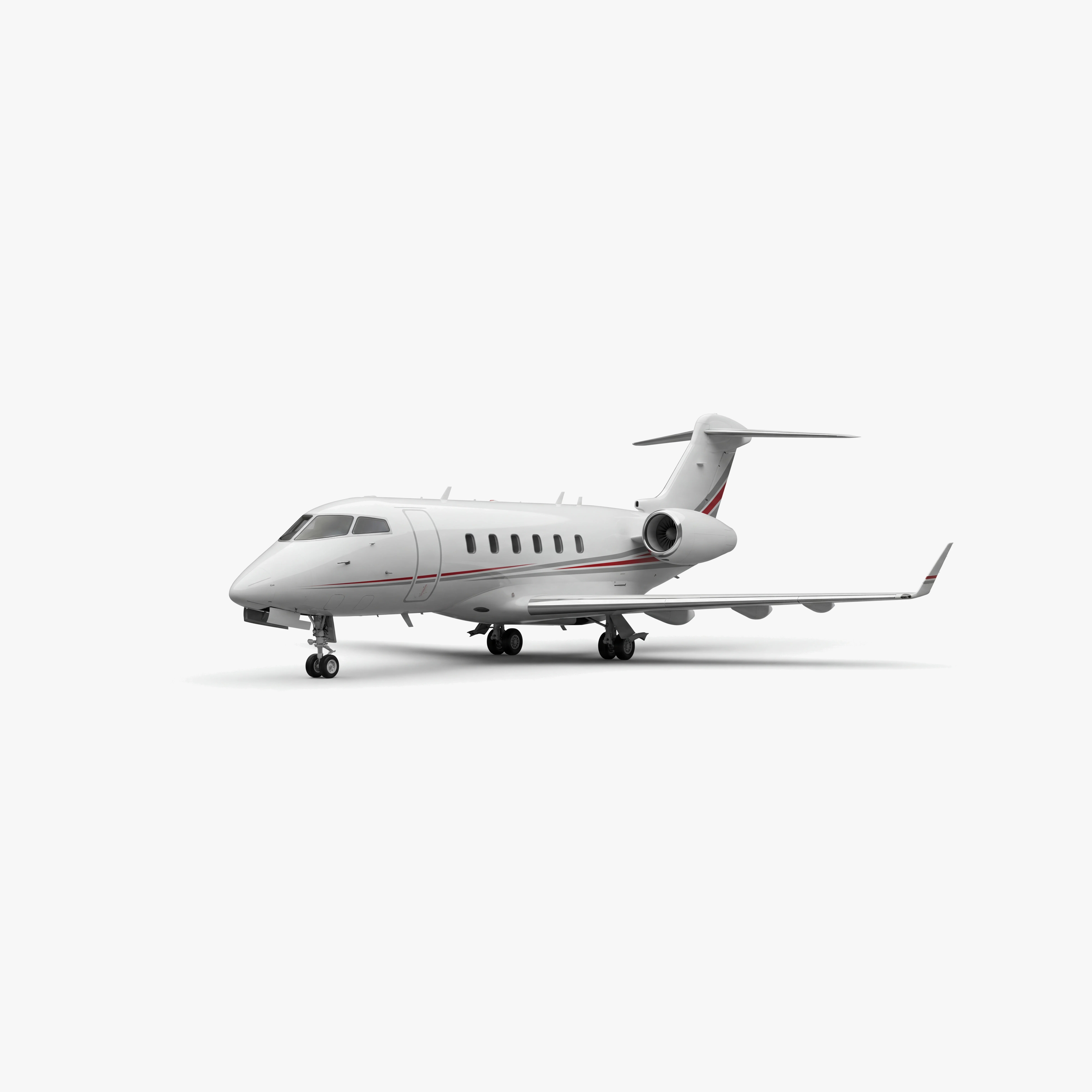 White Challenger 300 super mid-size private jet with red accent stripes on clean studio background