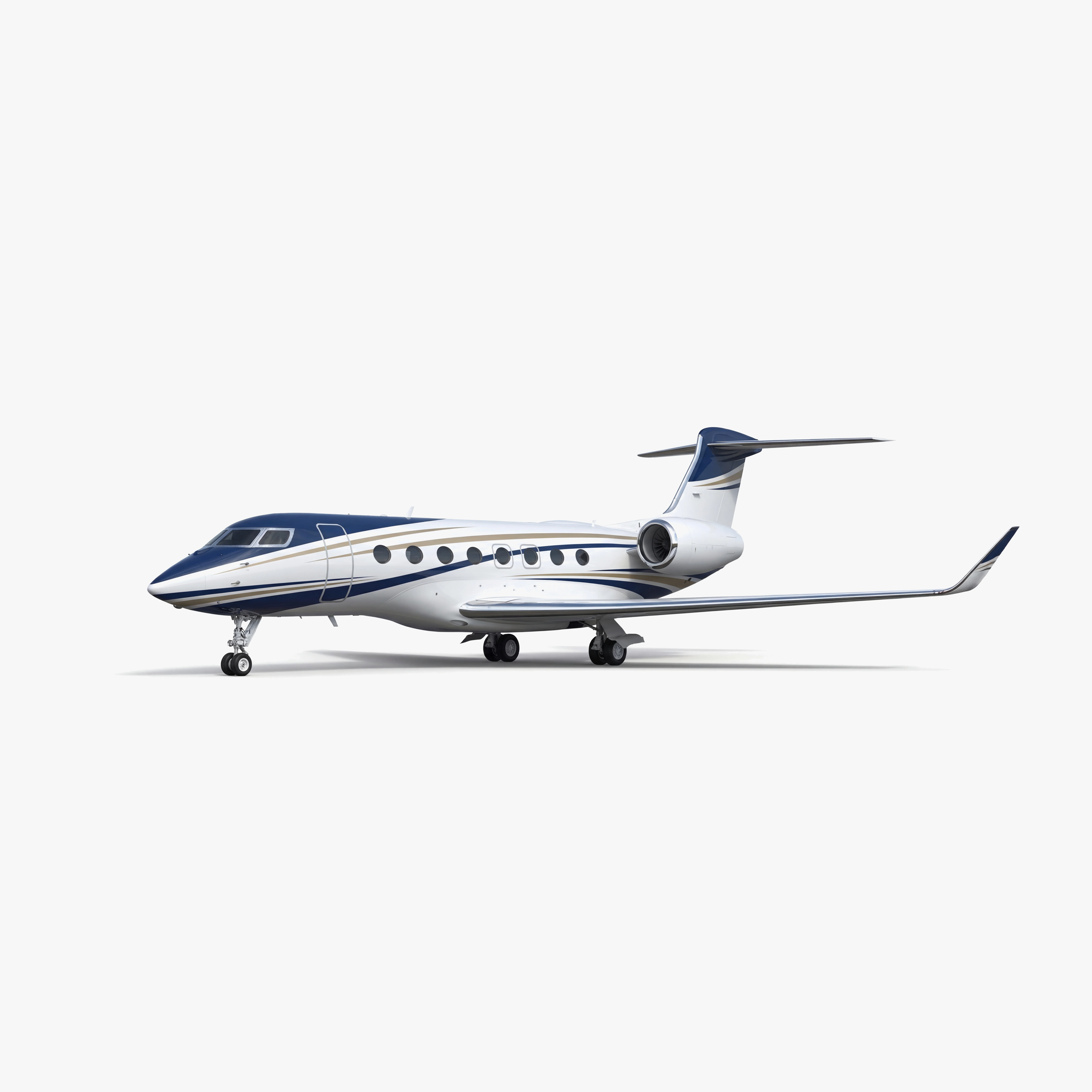 Gulfstream G650ER luxury private jet with white fuselage and navy blue accents on clean background