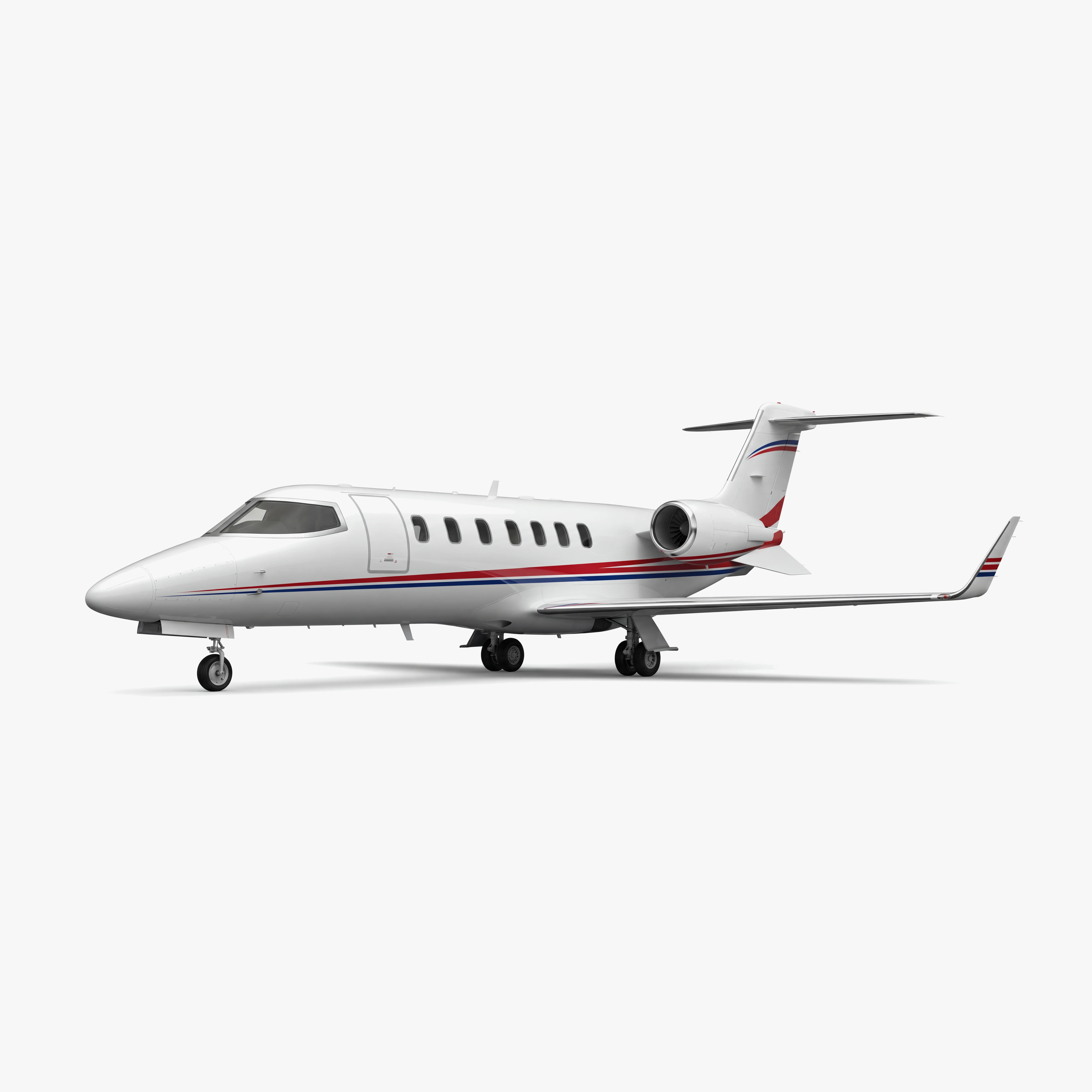 Learjet 45 mid-size business jet with white fuselage, red and blue accent stripes, T-tail design
