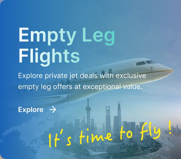 Jetbay empty leg flights promotional banner featuring a Bombardier Global 7500 private jet over a city skyline