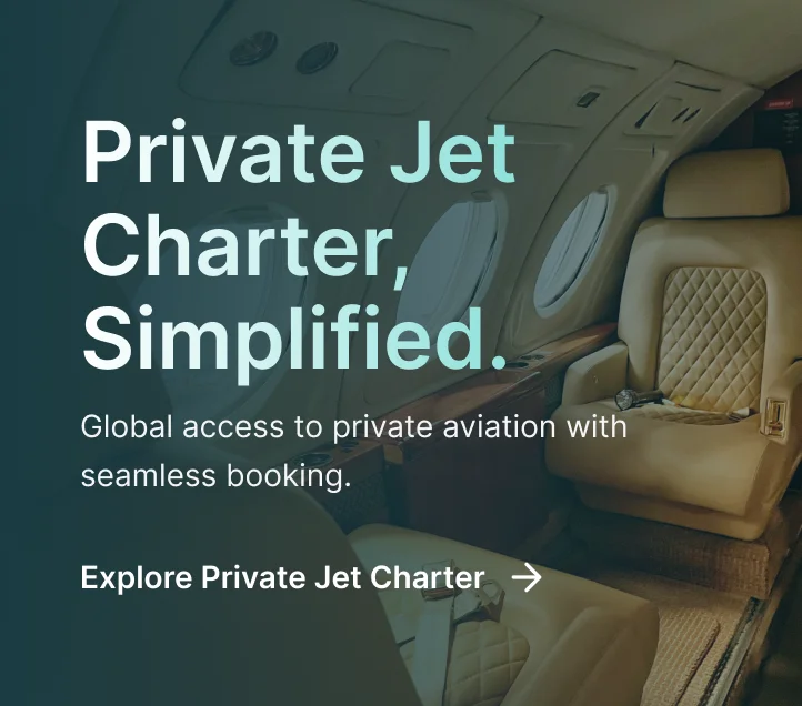 Private jet cabin interior with quilted leather seats and oval windows, promoting global charter flights with Jetbay