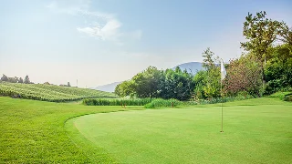 Pristine golf course green with flag and rolling fairways surrounded by mature trees under blue sky
