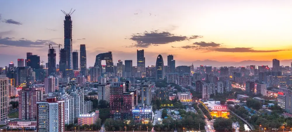 Beijing skyline at sunset showcasing modern skyscrapers and urban development in China's capital city