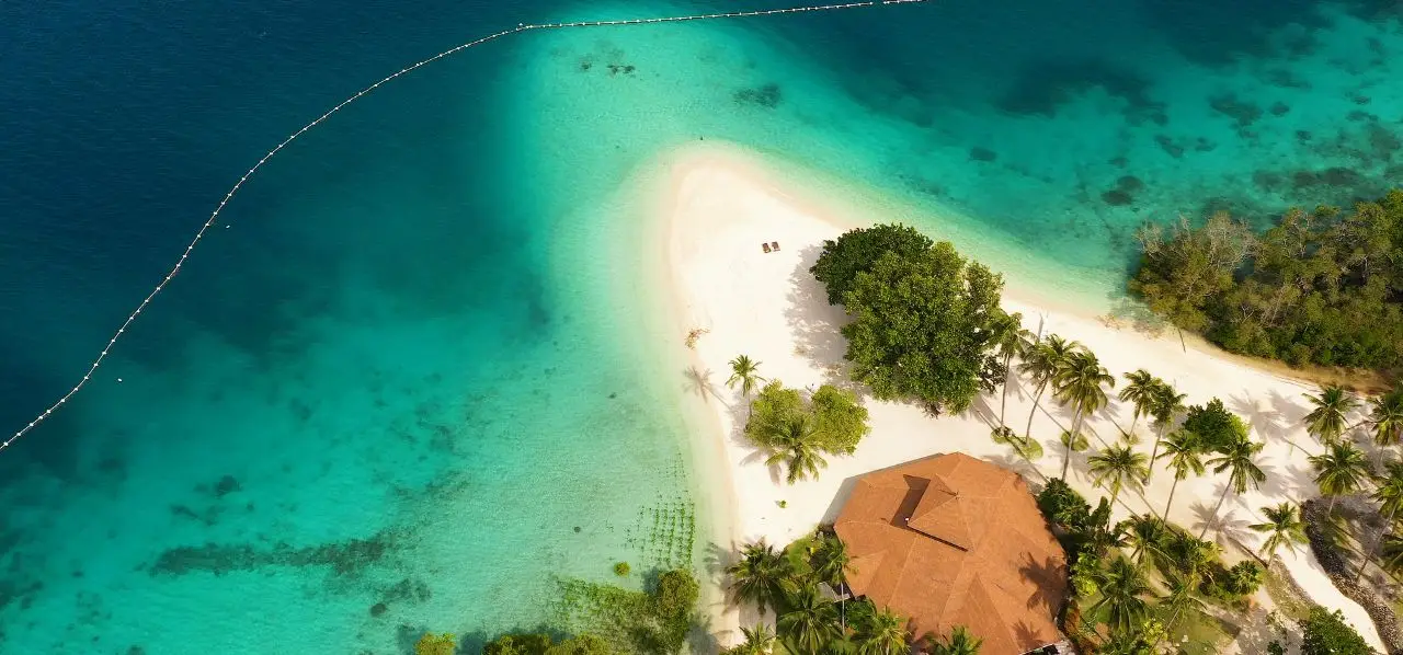 Aerial view of pristine tropical beach with turquoise waters, white sand, and palm trees in Davao City