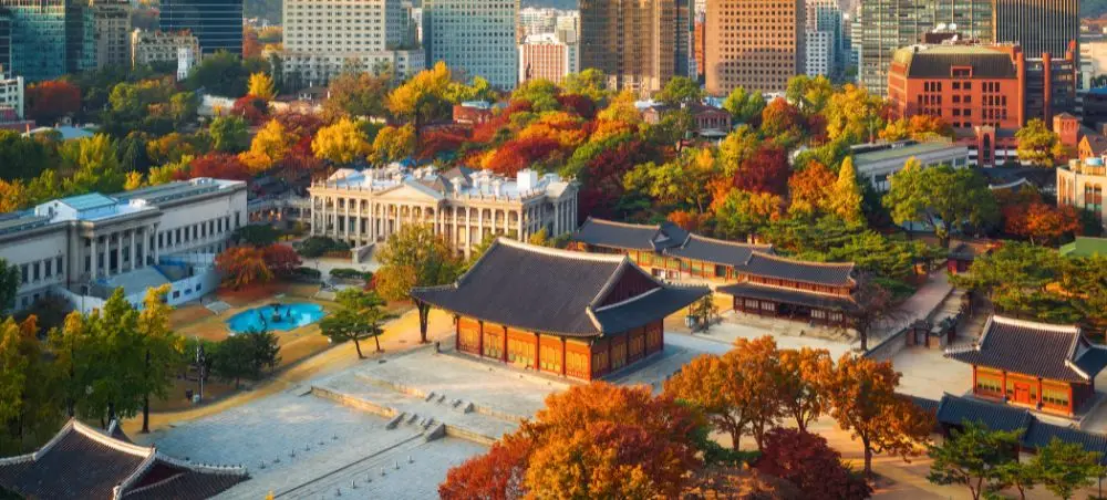 Seoul cityscape showcasing traditional Korean palace architecture amid vibrant autumn foliage and modern skyscrapers