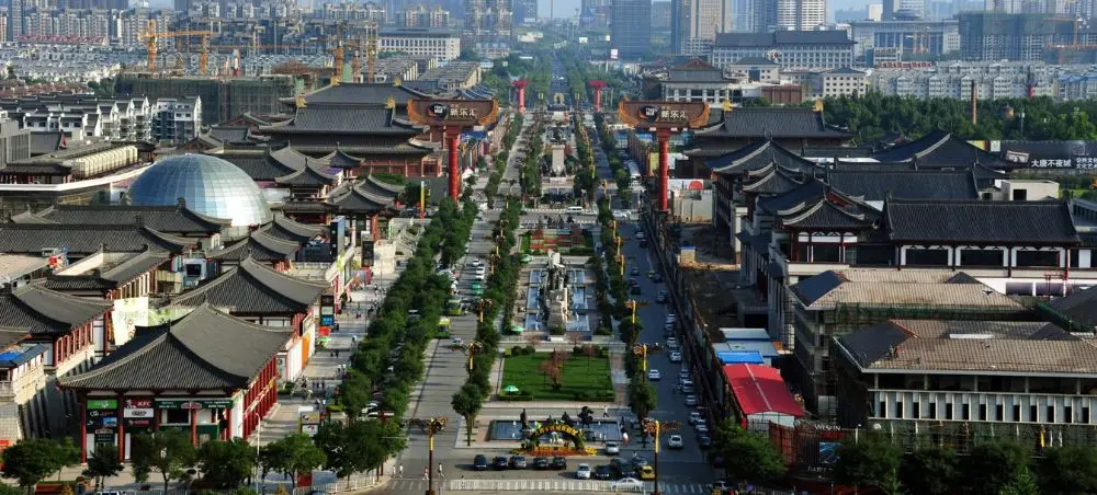 Aerial view of Xi'an city center showcasing traditional Chinese architecture alongside modern buildings