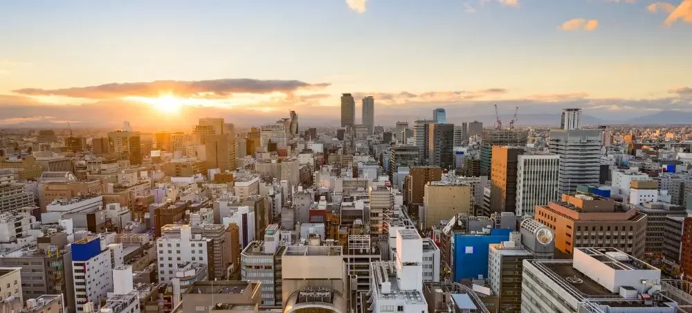 Nagoya business district in Japan with office towers and city skyline