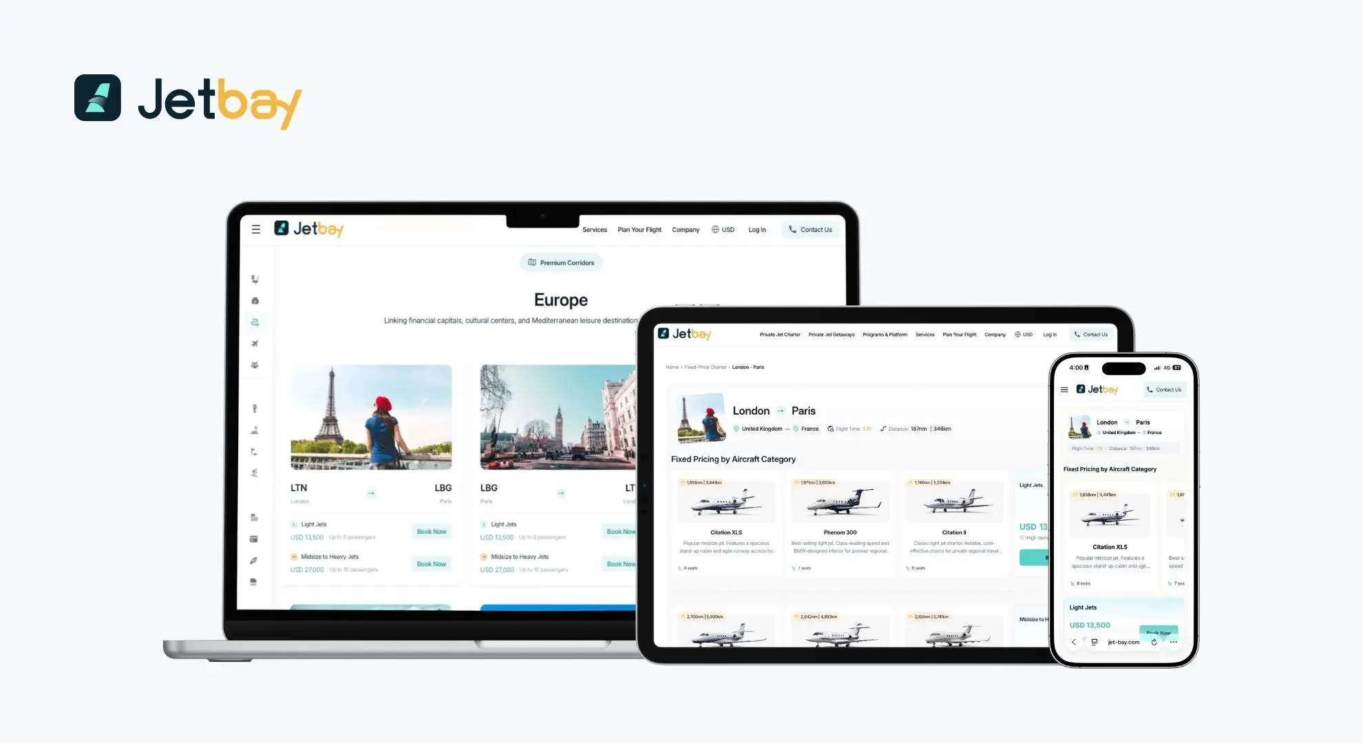 Jetbay private jet charter platform shown on laptop, tablet, and mobile displaying fixed-price London to Paris routes with aircraft categories and USD pricing