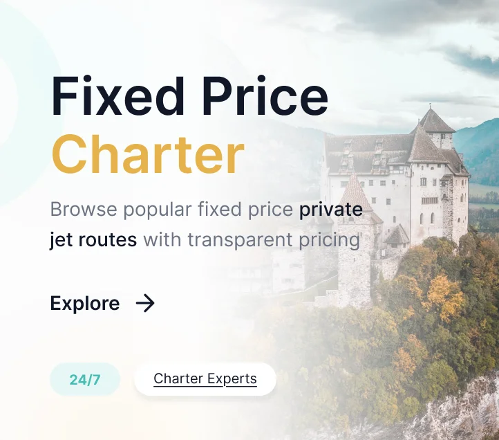Jetbay fixed-price private jet charter banner featuring a flight route map and a scenic European castle destination